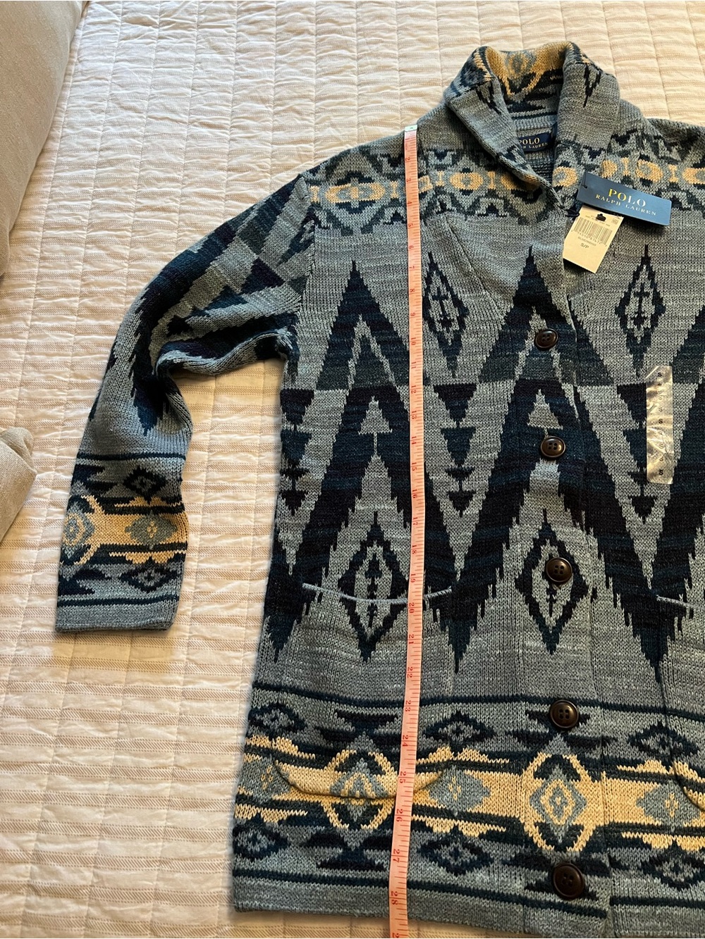 Ralph Lauren Blue and Navy Patterned Shawl-Collar Cardigan - Picture 9 of 9